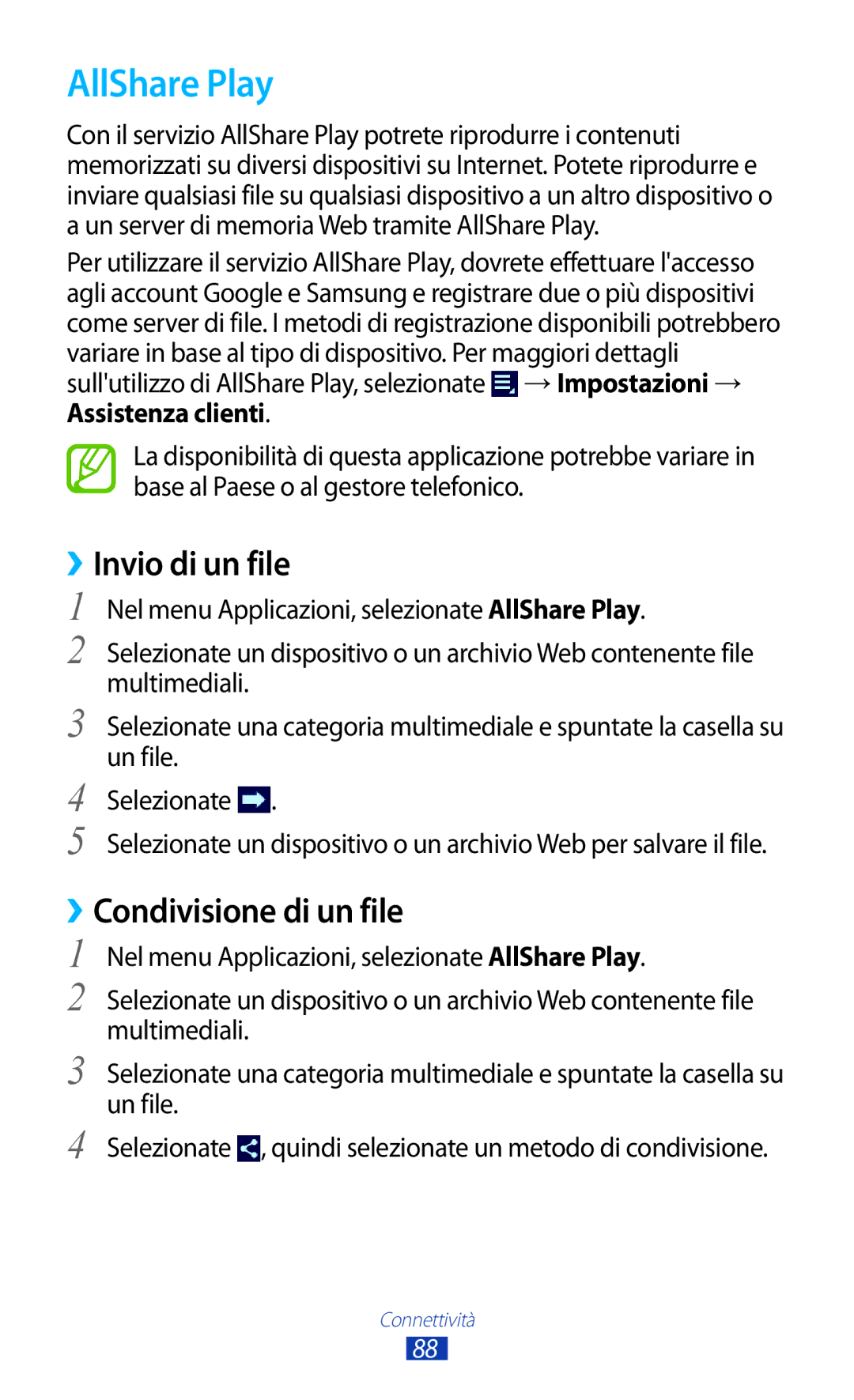 Samsung GT-P5110ZWAITV, GT-P5110ZWAXEO manual AllShare Play, ››Invio di un file, ››Condivisione di un file 