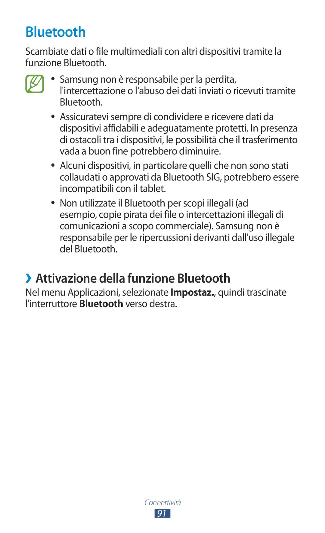 Samsung GT-P5110ZWAXEO, GT-P5110ZWAITV manual ››Attivazione della funzione Bluetooth 