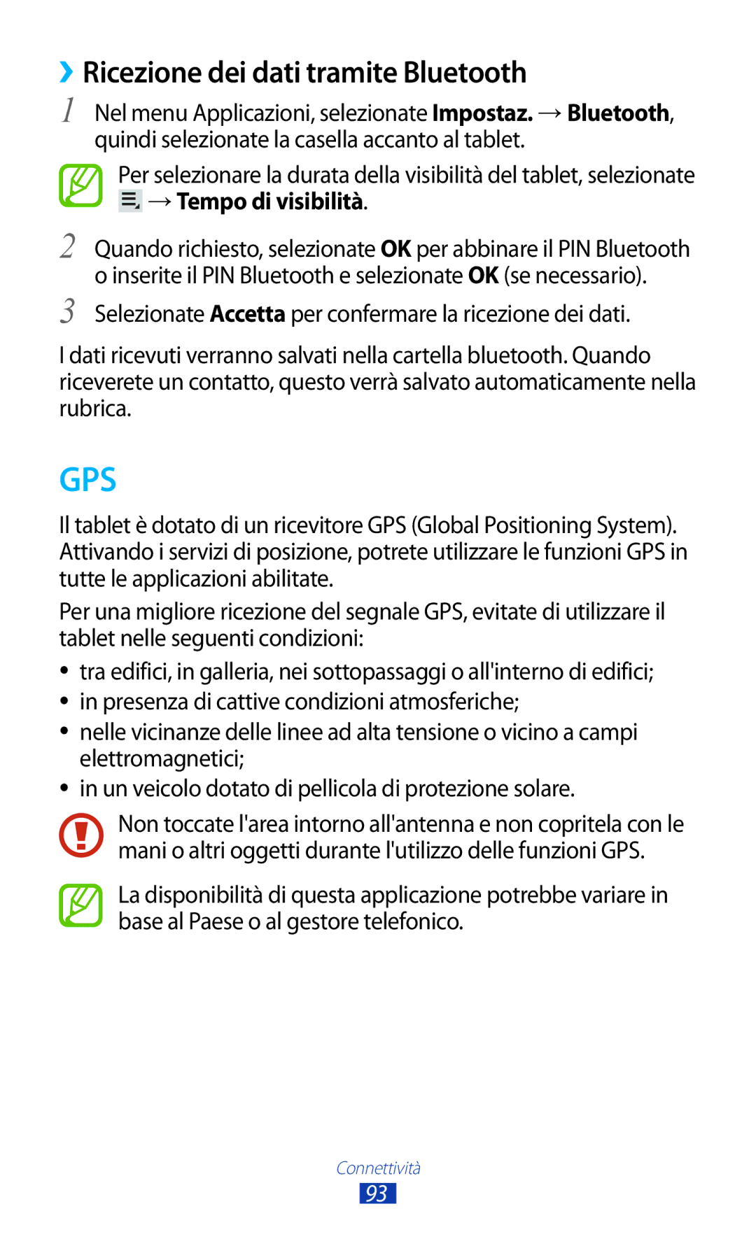 Samsung GT-P5110ZWAXEO, GT-P5110ZWAITV manual ››Ricezione dei dati tramite Bluetooth, →Tempo di visibilità 