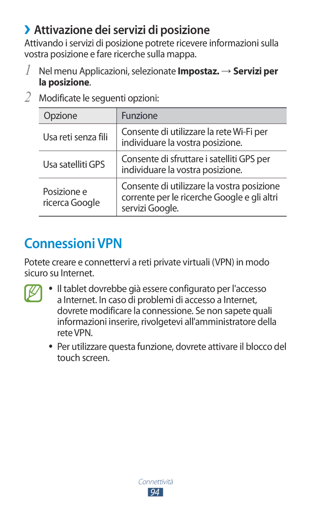 Samsung GT-P5110ZWAITV, GT-P5110ZWAXEO manual Connessioni VPN, ››Attivazione dei servizi di posizione, La posizione 