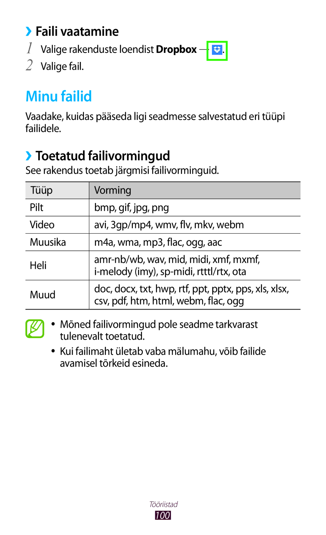 Samsung GT-P5110ZWASEB, GT-P5110TSASEB manual Minu failid, ››Faili vaatamine, ››Toetatud failivormingud 