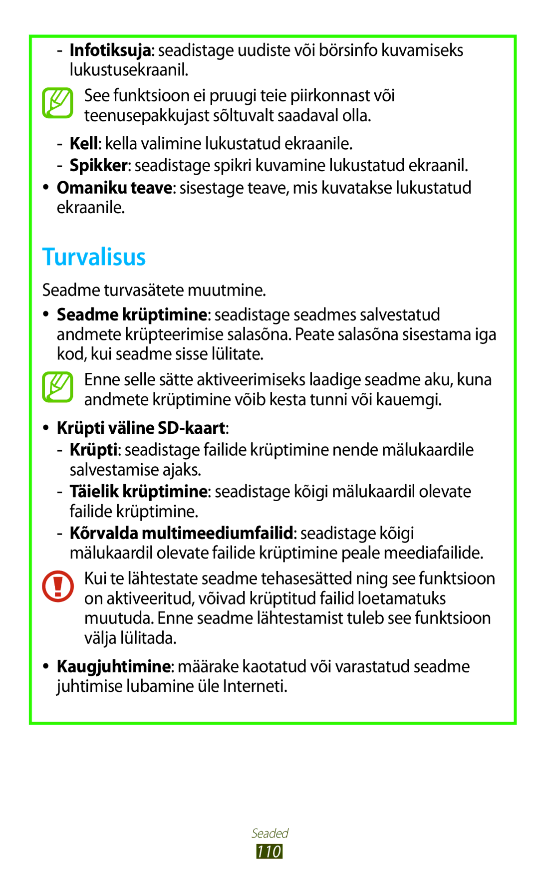 Samsung GT-P5110ZWASEB manual Turvalisus, Kell kella valimine lukustatud ekraanile, Ekraanile, Krüpti väline SD-kaart 