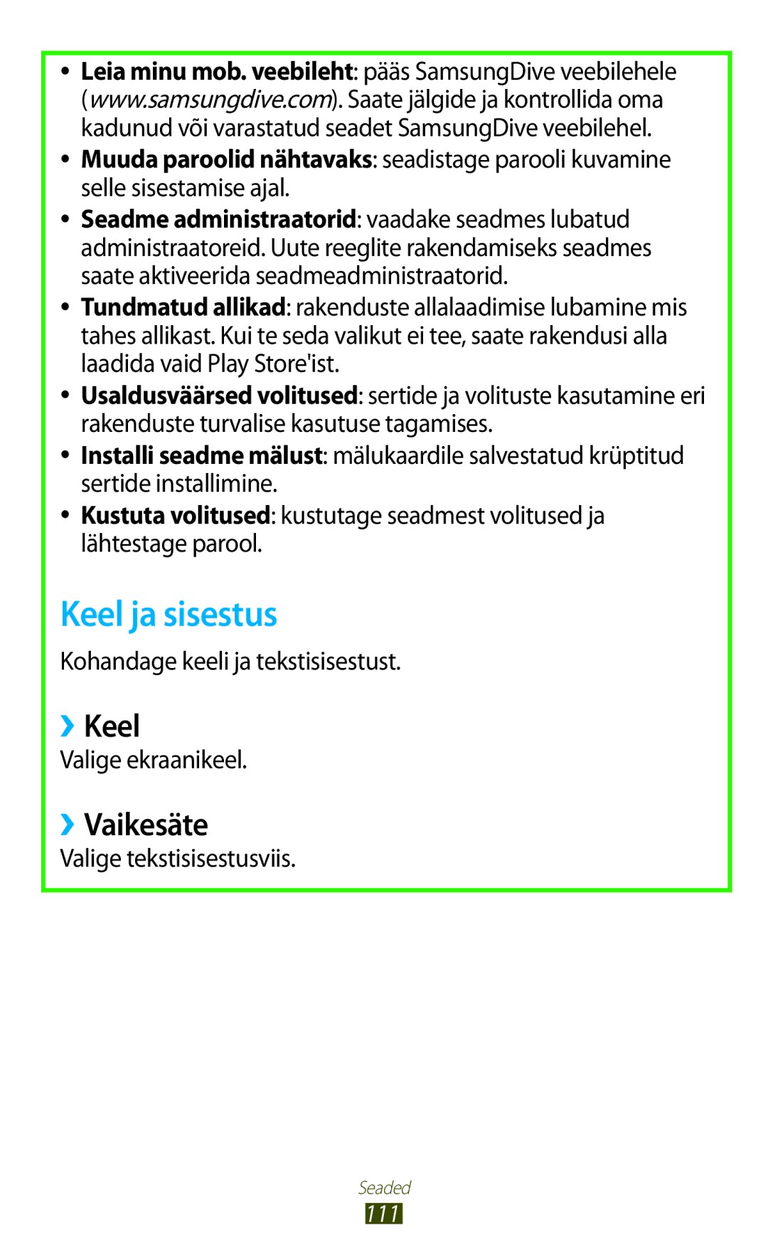 Samsung GT-P5110TSASEB, GT-P5110ZWASEB manual Keel ja sisestus, ››Keel, ››Vaikesäte, Kohandage keeli ja tekstisisestust 