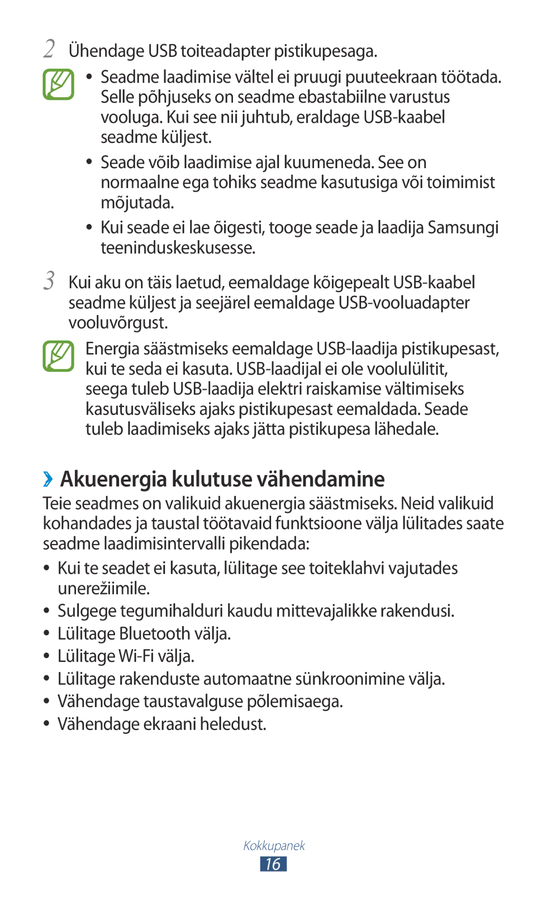 Samsung GT-P5110ZWASEB, GT-P5110TSASEB manual ››Akuenergia kulutuse vähendamine 