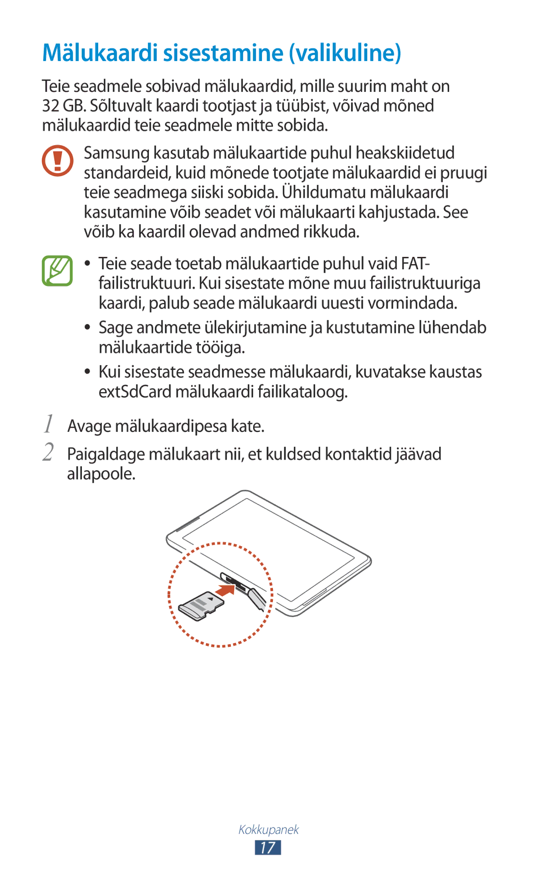 Samsung GT-P5110TSASEB, GT-P5110ZWASEB manual Mälukaardi sisestamine valikuline 