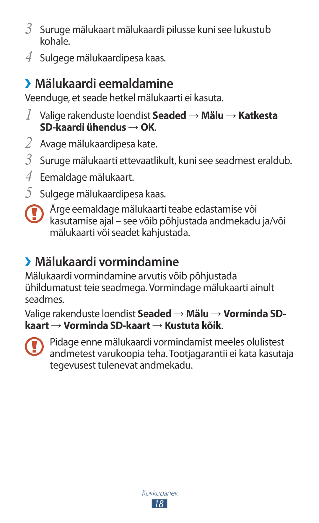 Samsung GT-P5110ZWASEB, GT-P5110TSASEB manual ››Mälukaardi eemaldamine, ››Mälukaardi vormindamine 
