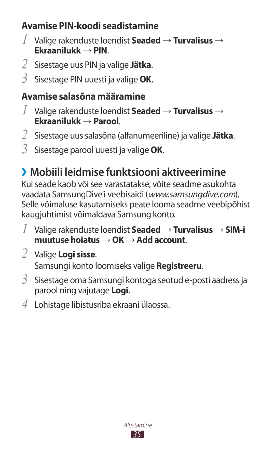 Samsung GT-P5110TSASEB, GT-P5110ZWASEB ››Mobiili leidmise funktsiooni aktiveerimine, Ekraanilukk →PIN, Ekraanilukk →Parool 