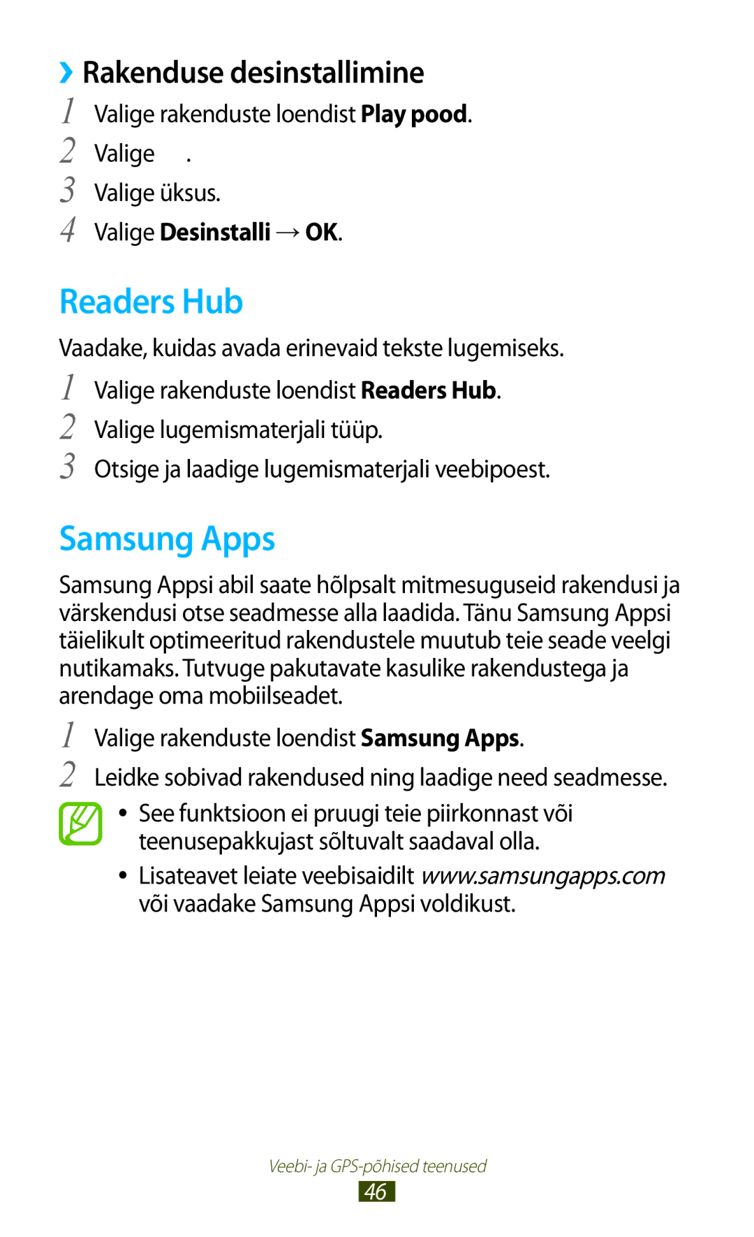 Samsung GT-P5110ZWASEB manual Readers Hub, Samsung Apps, Valige rakenduste loendist Play pood. Valige Valige üksus 