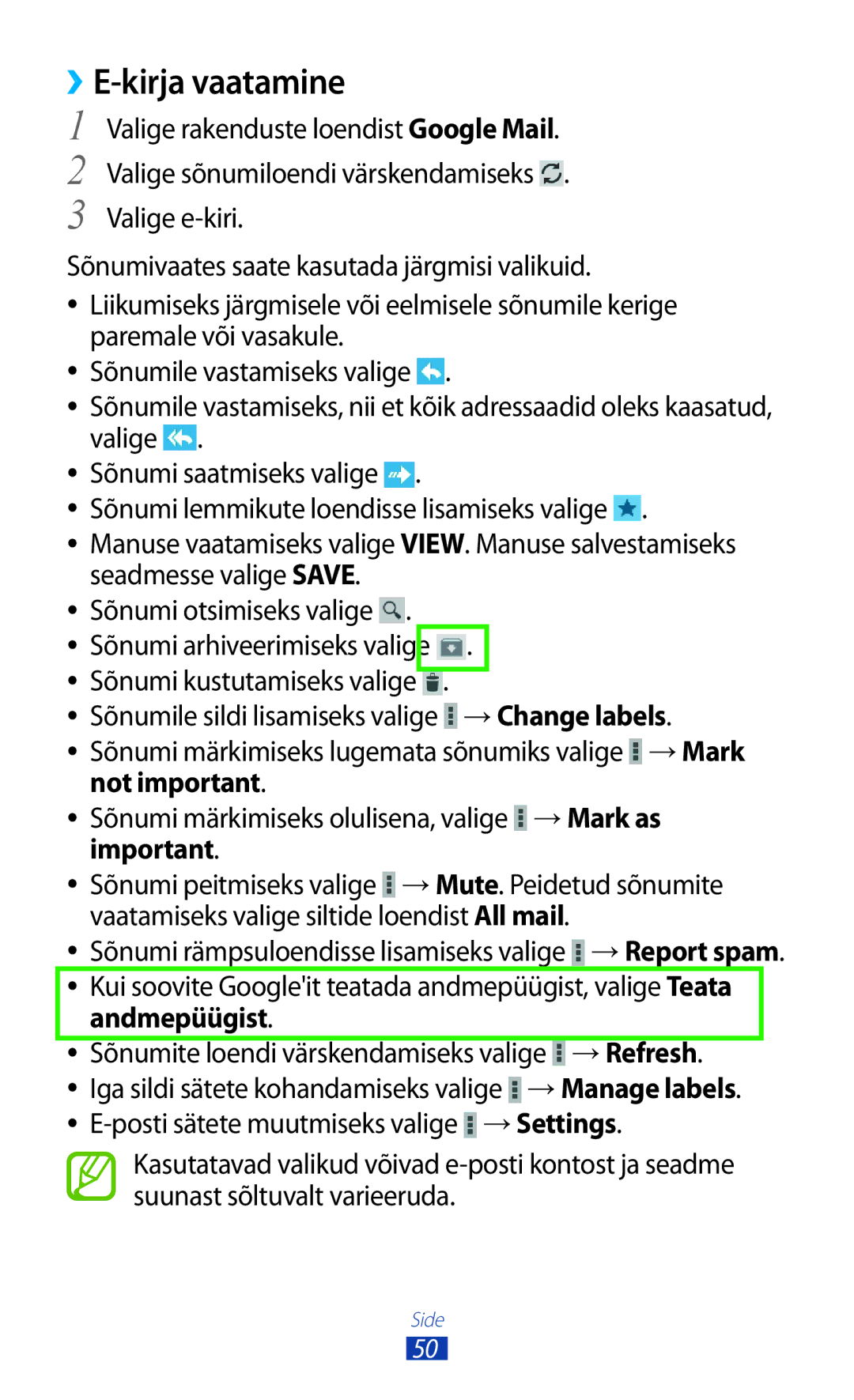 Samsung GT-P5110ZWASEB manual ››E-kirja vaatamine, →Change labels, Not important →Mark as, Andmepüügist, →Settings 