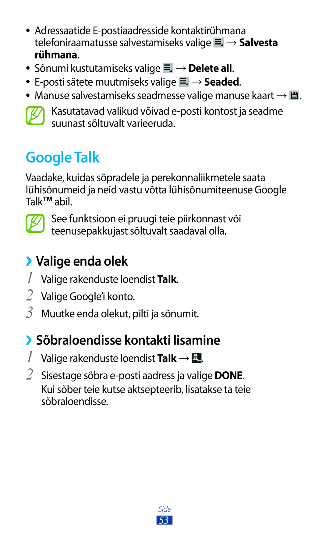 Samsung GT-P5110TSASEB, GT-P5110ZWASEB manual Google Talk, ››Valige enda olek, ››Sõbraloendisse kontakti lisamine 