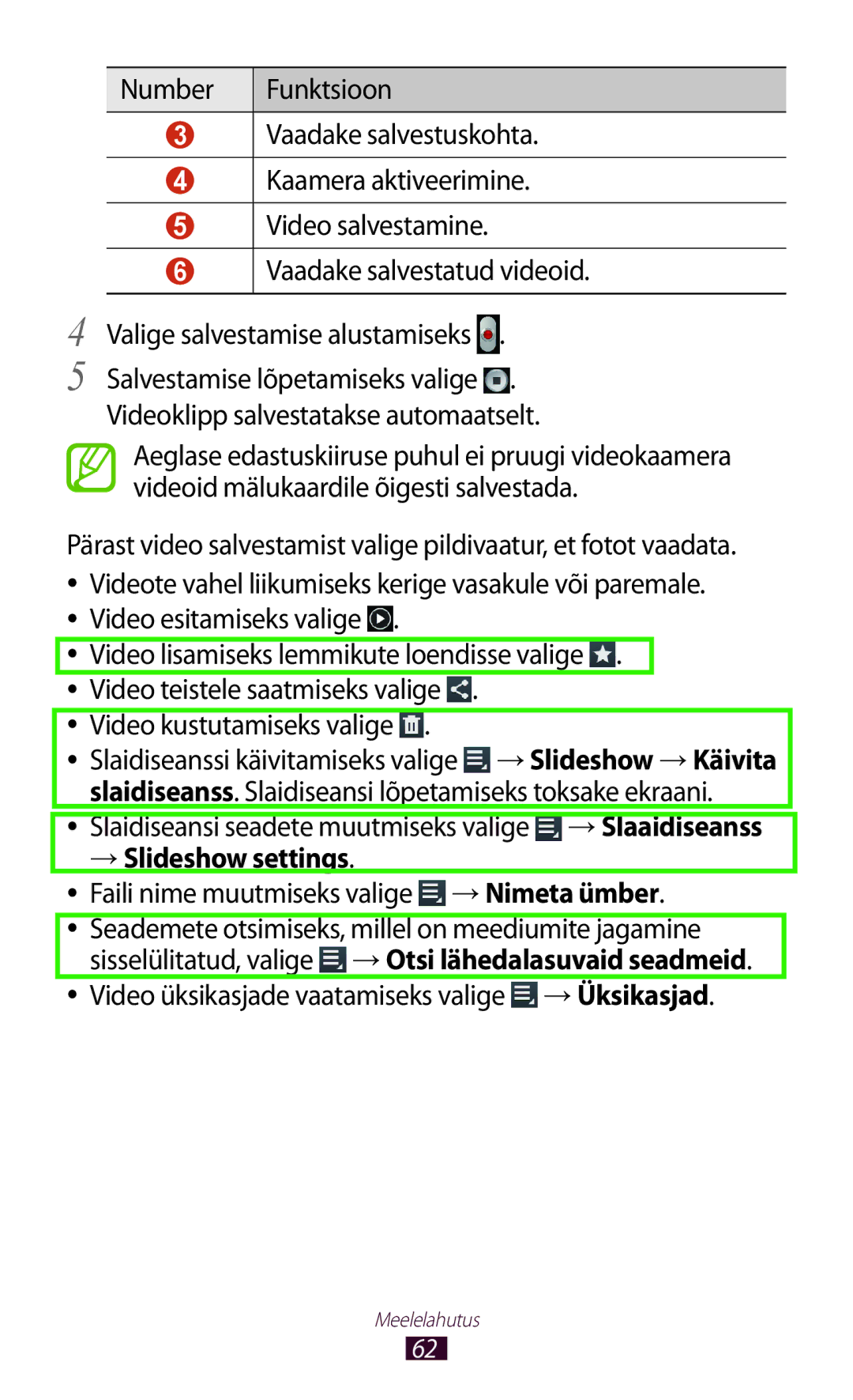 Samsung GT-P5110ZWASEB, GT-P5110TSASEB manual Video esitamiseks valige, Video kustutamiseks valige, → Slideshow settings 