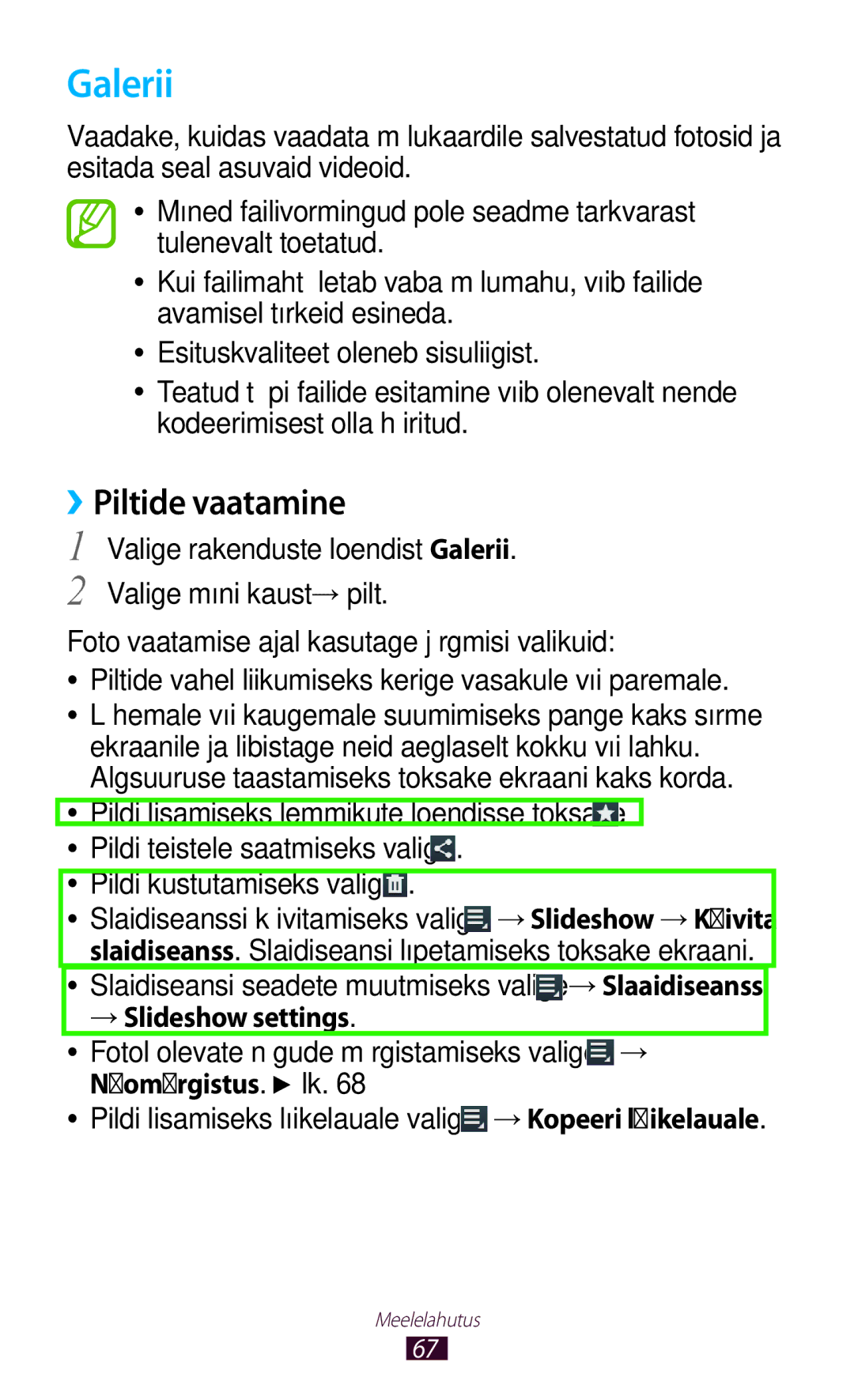 Samsung GT-P5110TSASEB, GT-P5110ZWASEB manual Galerii, ››Piltide vaatamine, Pildi lisamiseks lemmikute loendisse toksake 