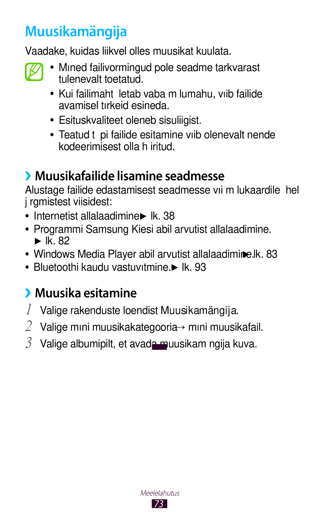 Samsung GT-P5110TSASEB, GT-P5110ZWASEB manual Muusikamängija, ››Muusikafailide lisamine seadmesse, ››Muusika esitamine 