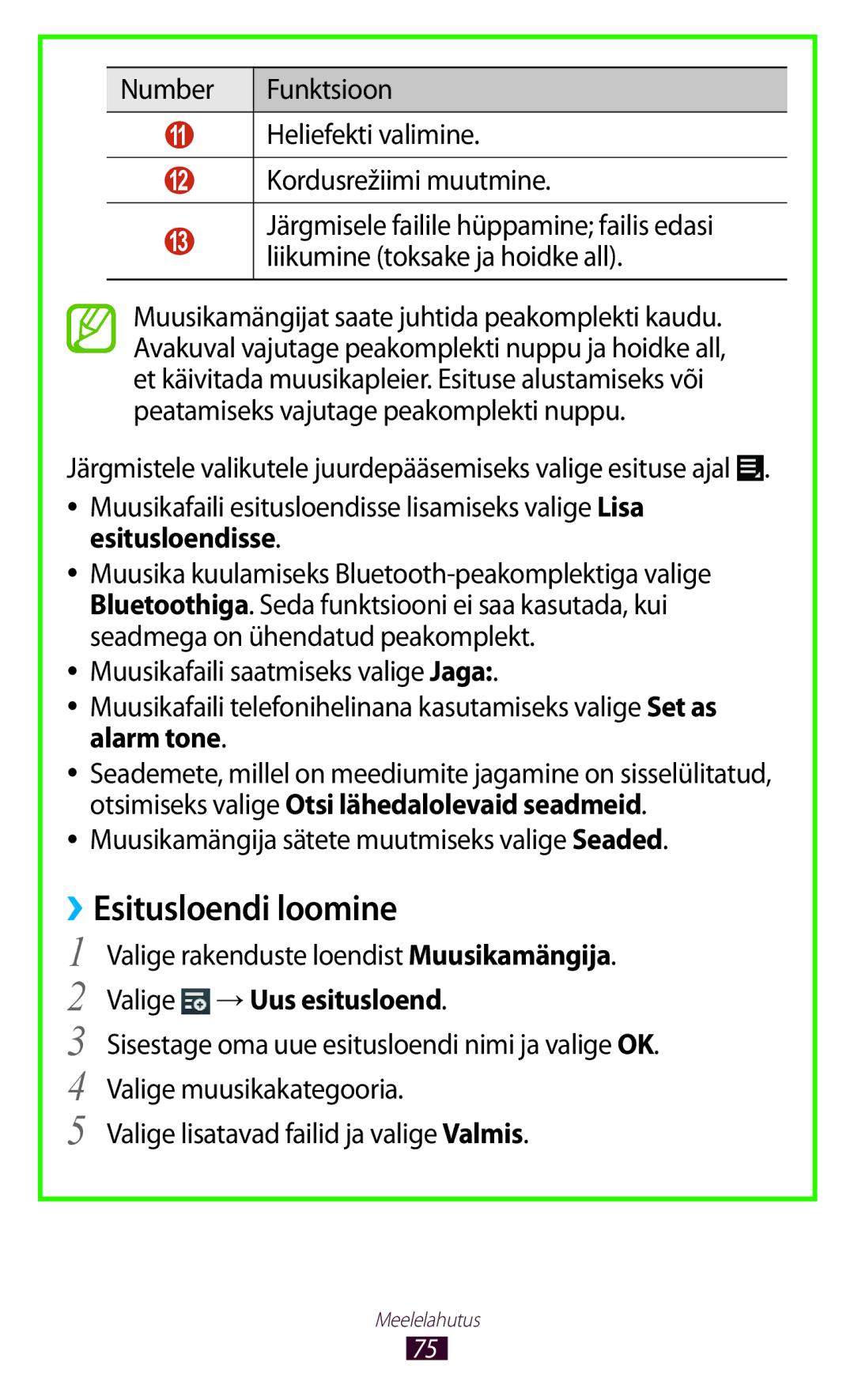 Samsung GT-P5110TSASEB, GT-P5110ZWASEB manual ››Esitusloendi loomine, Muusikamängija sätete muutmiseks valige Seaded 