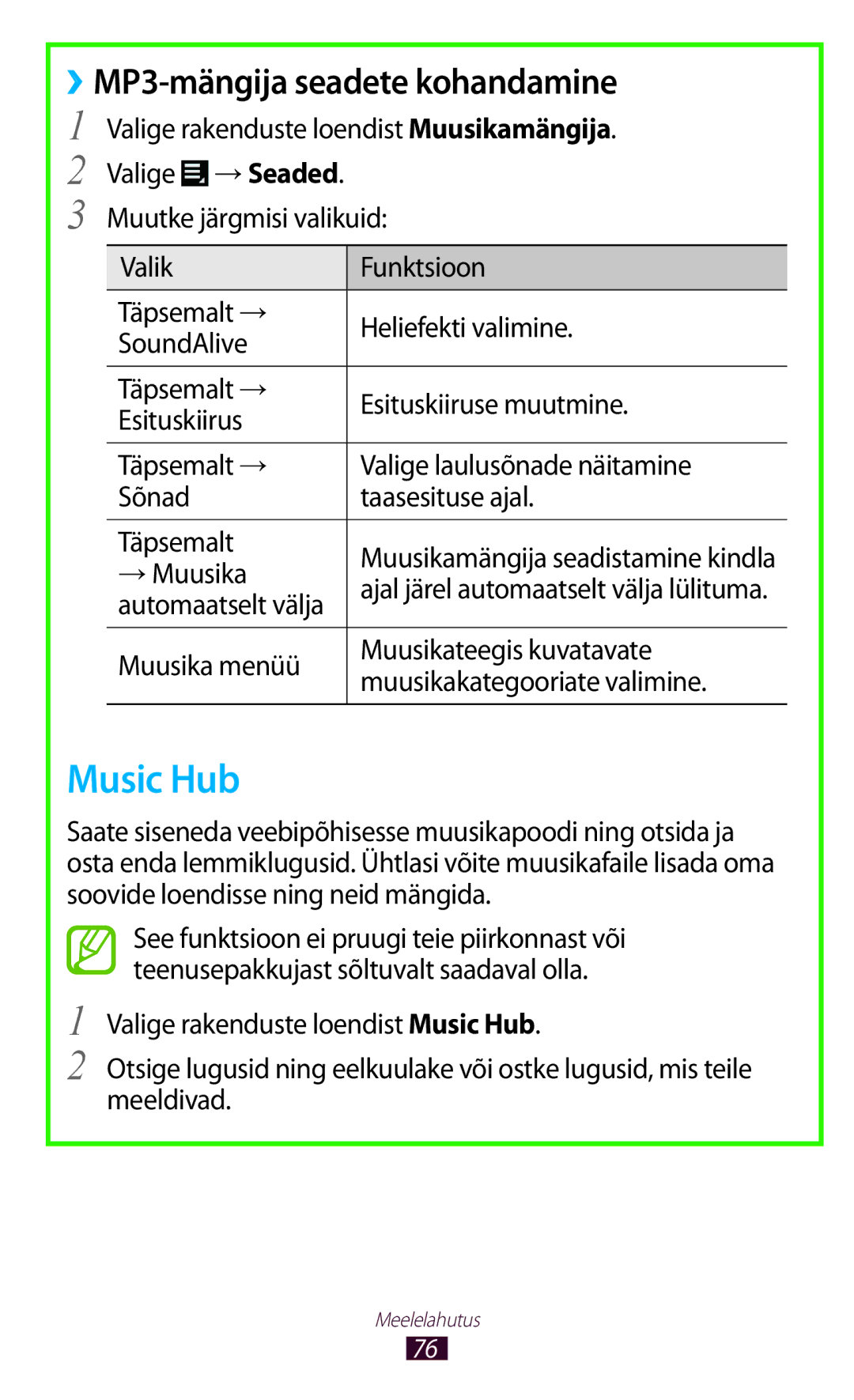 Samsung GT-P5110ZWASEB, GT-P5110TSASEB manual Music Hub, ››MP3-mängija seadete kohandamine 