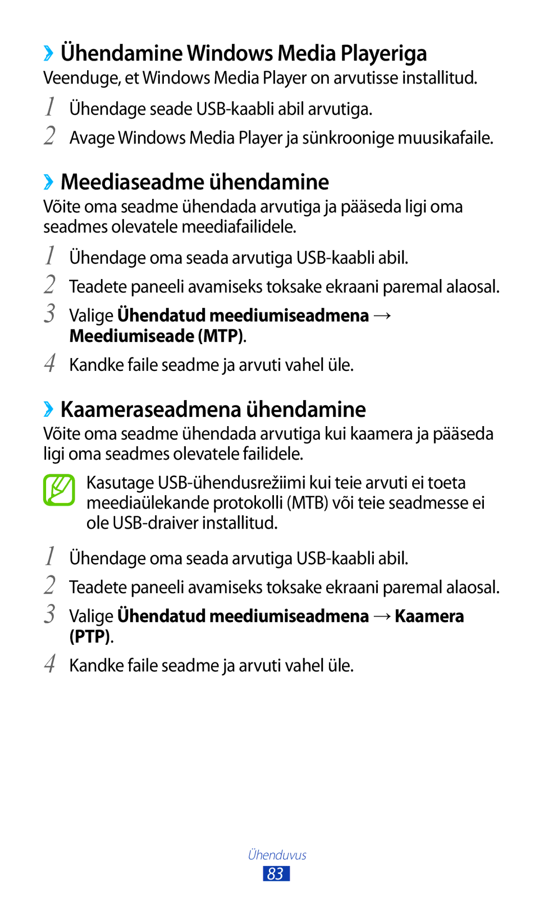 Samsung GT-P5110TSASEB manual ››Ühendamine Windows Media Playeriga, ››Meediaseadme ühendamine, ››Kaameraseadmena ühendamine 