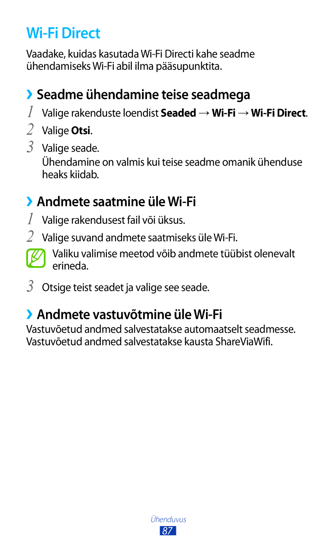 Samsung GT-P5110TSASEB, GT-P5110ZWASEB manual Wi-Fi Direct, ››Seadme ühendamine teise seadmega, ››Andmete saatmine üle Wi-Fi 