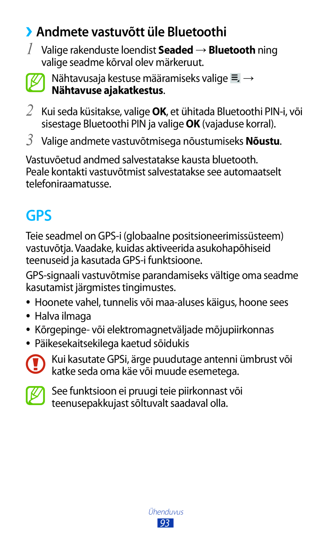 Samsung GT-P5110TSASEB, GT-P5110ZWASEB manual Gps, ››Andmete vastuvõtt üle Bluetoothi 