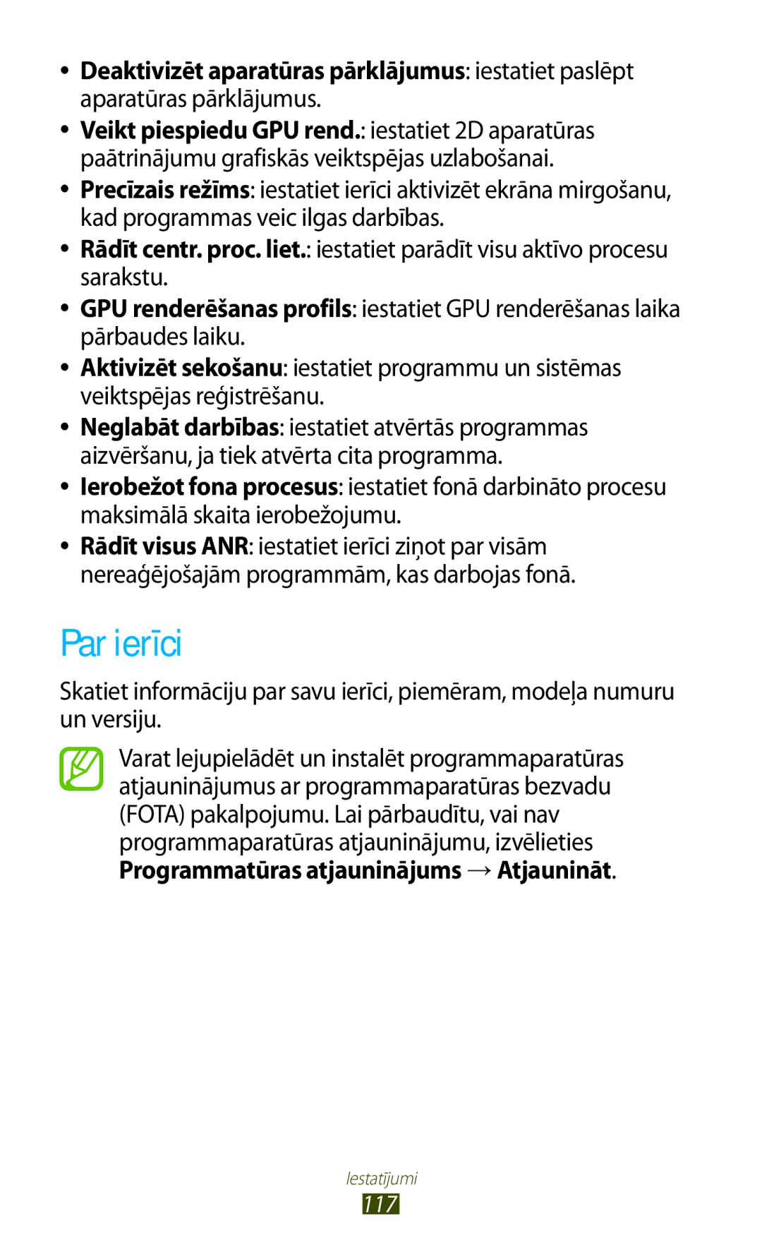 Samsung GT-P5110TSASEB, GT-P5110ZWASEB manual Par ierīci, Programmatūras atjauninājums →Atjaunināt 