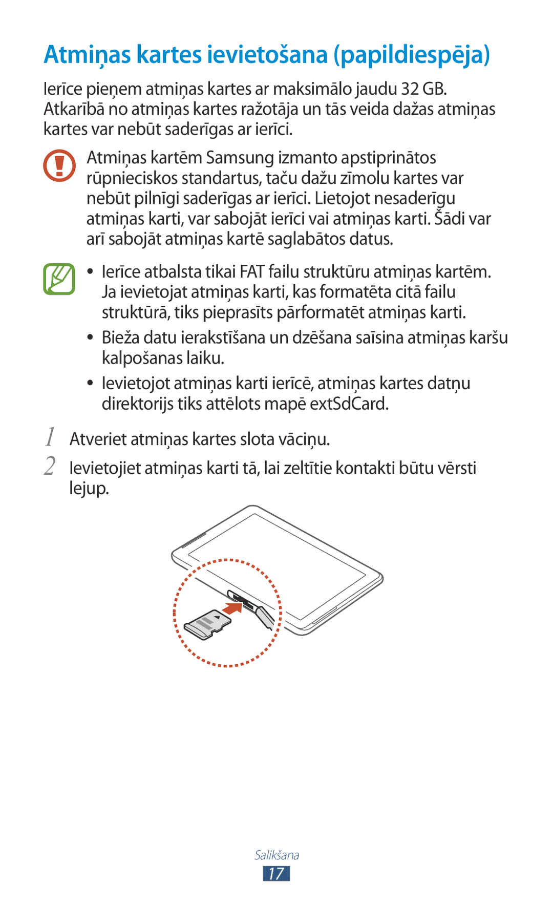 Samsung GT-P5110TSASEB, GT-P5110ZWASEB manual Atmiņas kartes ievietošana papildiespēja 