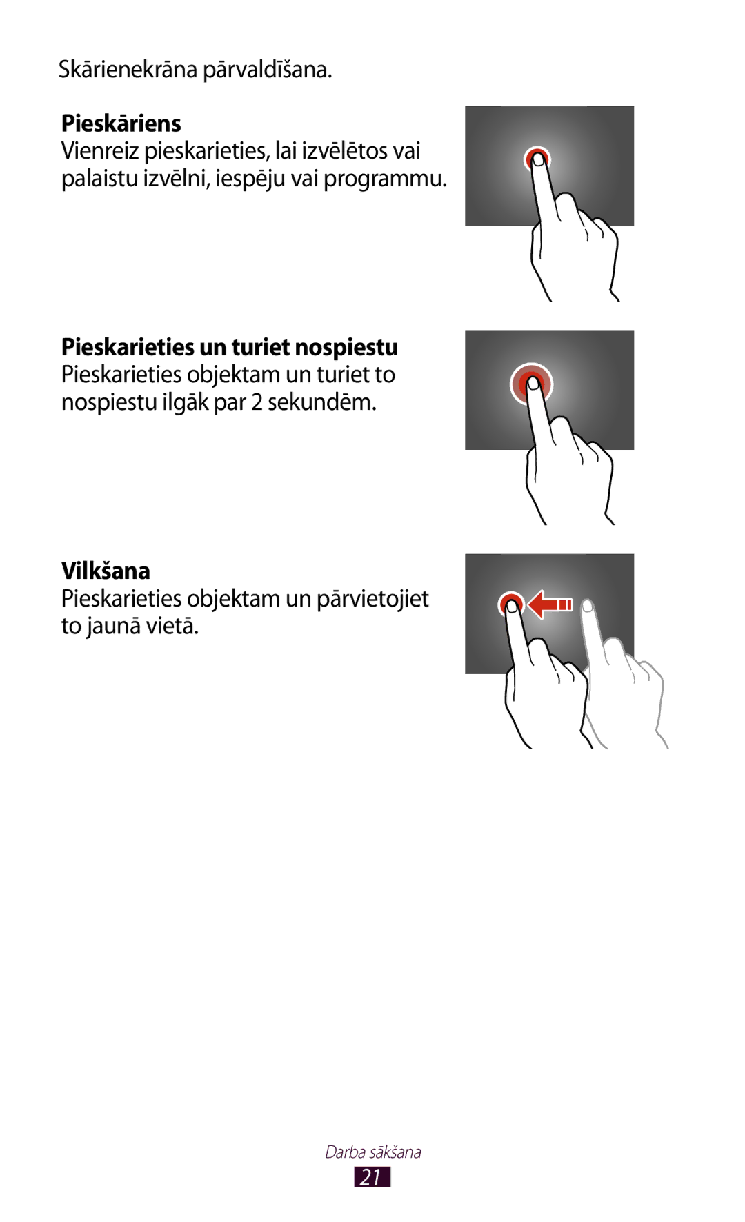 Samsung GT-P5110TSASEB, GT-P5110ZWASEB manual Skārienekrāna pārvaldīšana, Pieskāriens, Vilkšana 