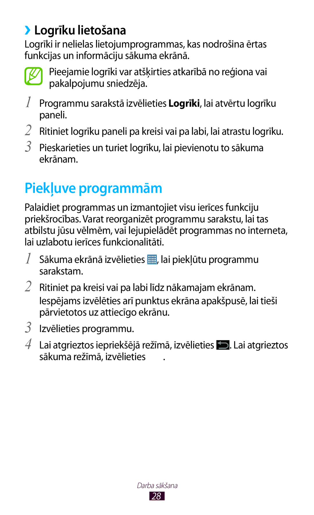 Samsung GT-P5110ZWASEB, GT-P5110TSASEB manual Piekļuve programmām, ››Logrīku lietošana 