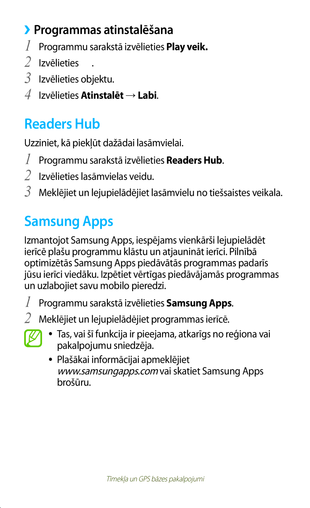 Samsung GT-P5110ZWASEB, GT-P5110TSASEB manual Readers Hub, Samsung Apps, Izvēlieties Atinstalēt →Labi 