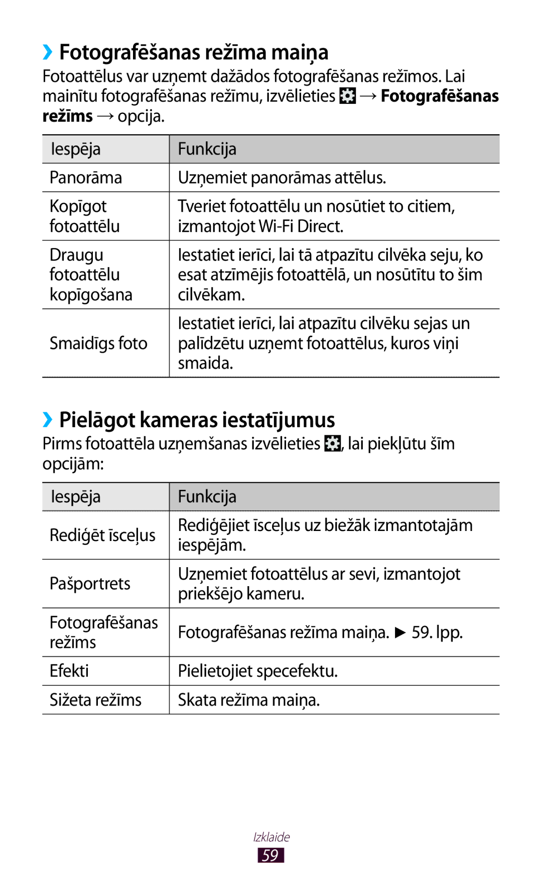 Samsung GT-P5110TSASEB, GT-P5110ZWASEB manual ››Fotografēšanas režīma maiņa, ››Pielāgot kameras iestatījumus 