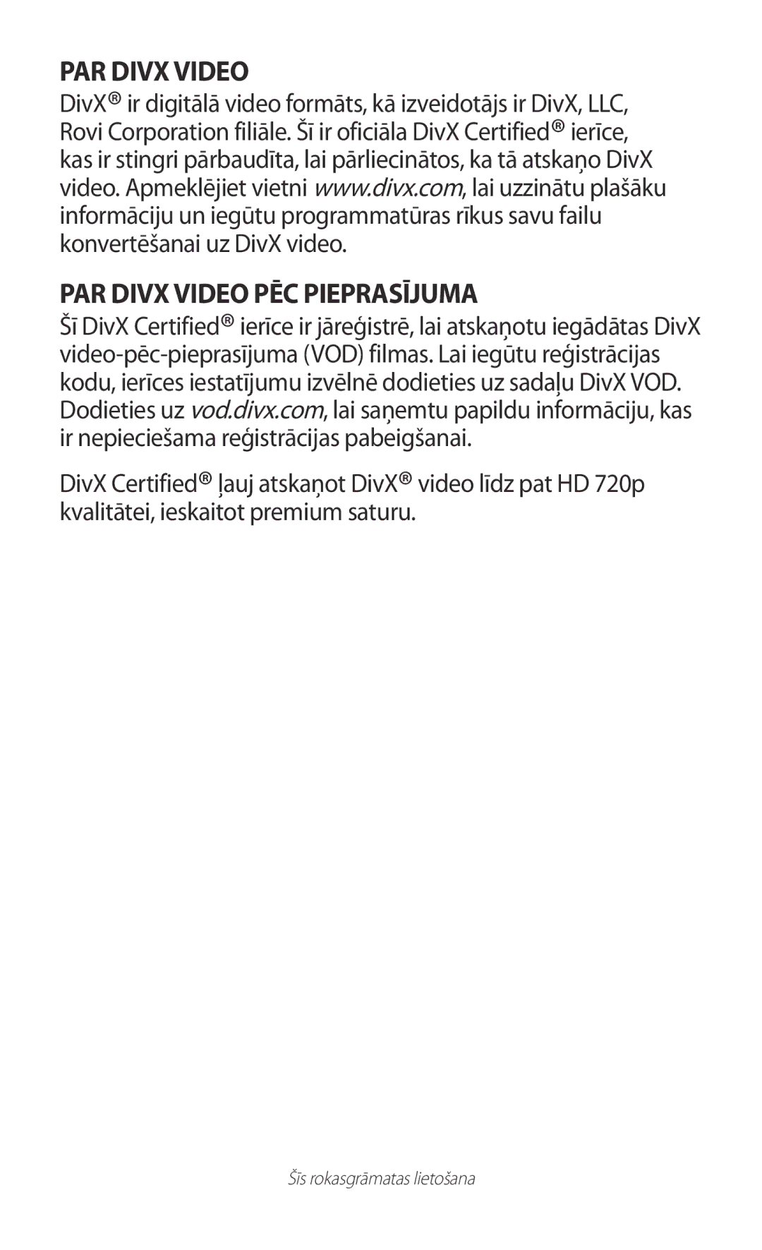 Samsung GT-P5110ZWASEB, GT-P5110TSASEB manual PAR Divx Video PAR Divx Video PĒC Pieprasījuma 