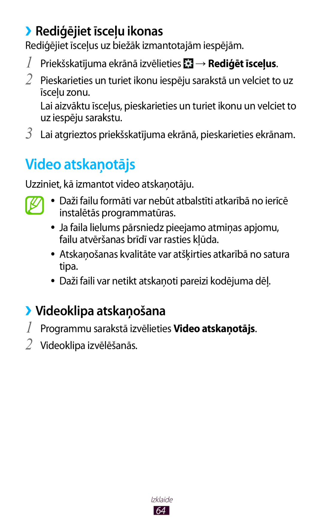 Samsung GT-P5110ZWASEB, GT-P5110TSASEB manual Video atskaņotājs, ››Rediģējiet īsceļu ikonas 