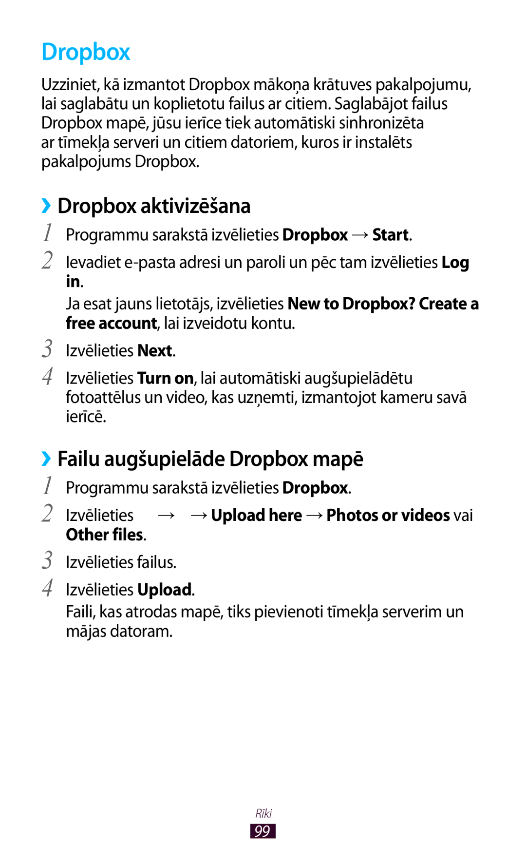 Samsung GT-P5110TSASEB, GT-P5110ZWASEB manual ››Dropbox aktivizēšana, Failu augšupielāde Dropbox mapē, Other files 