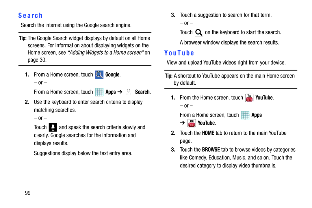 Samsung GT-P5113ZWYXAR user manual YouTube, Search the internet using the Google search engine, Apps 