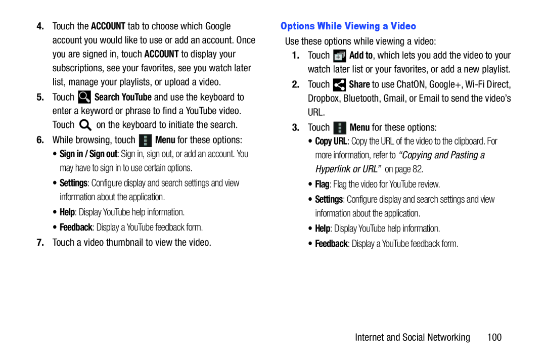 Samsung GT-P5113ZWYXAR user manual Touch on the keyboard to initiate the search, Options While Viewing a Video, 100 