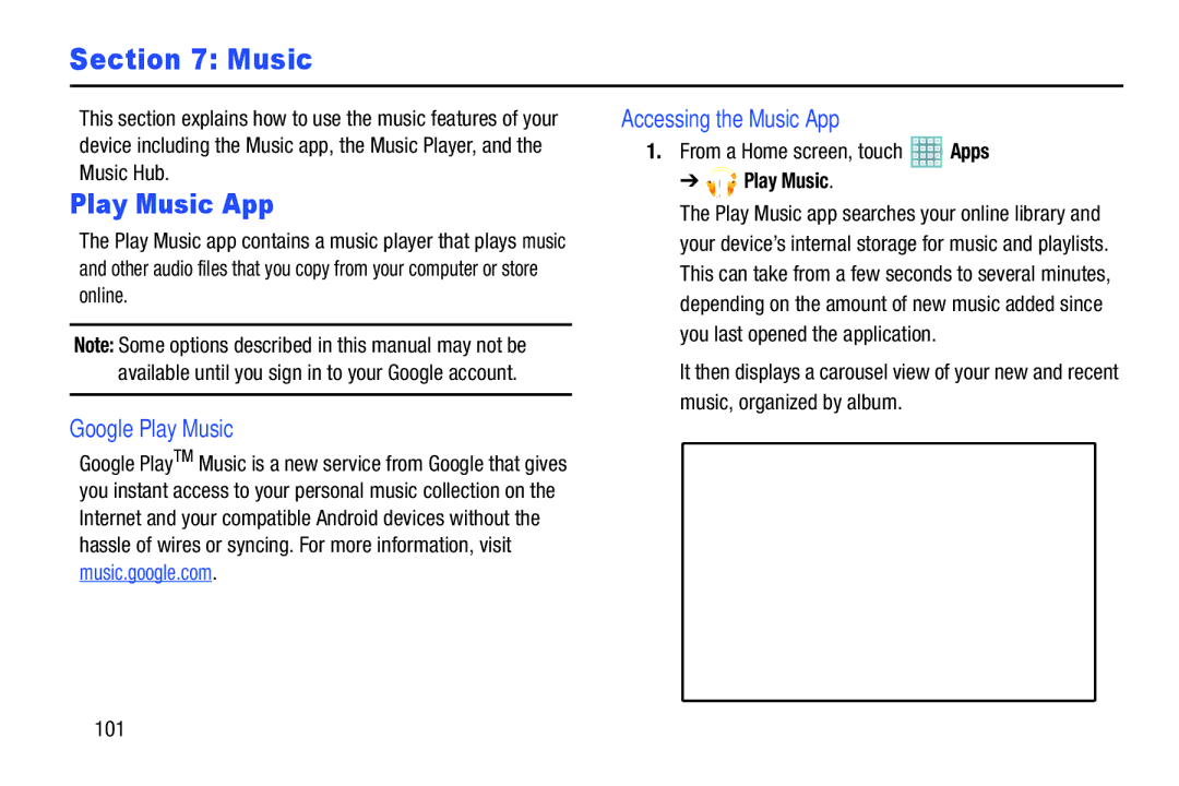 Samsung GT-P5113ZWYXAR user manual Play Music App, Google Play Music, Accessing the Music App 