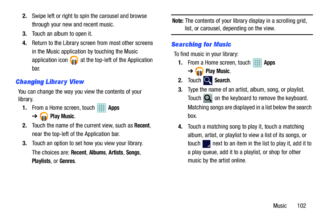 Samsung GT-P5113ZWYXAR user manual Changing Library View, Searching for Music, Touch an album to open it, Box 