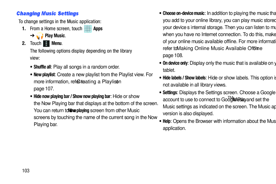 Samsung GT-P5113ZWYXAR user manual Changing Music Settings 