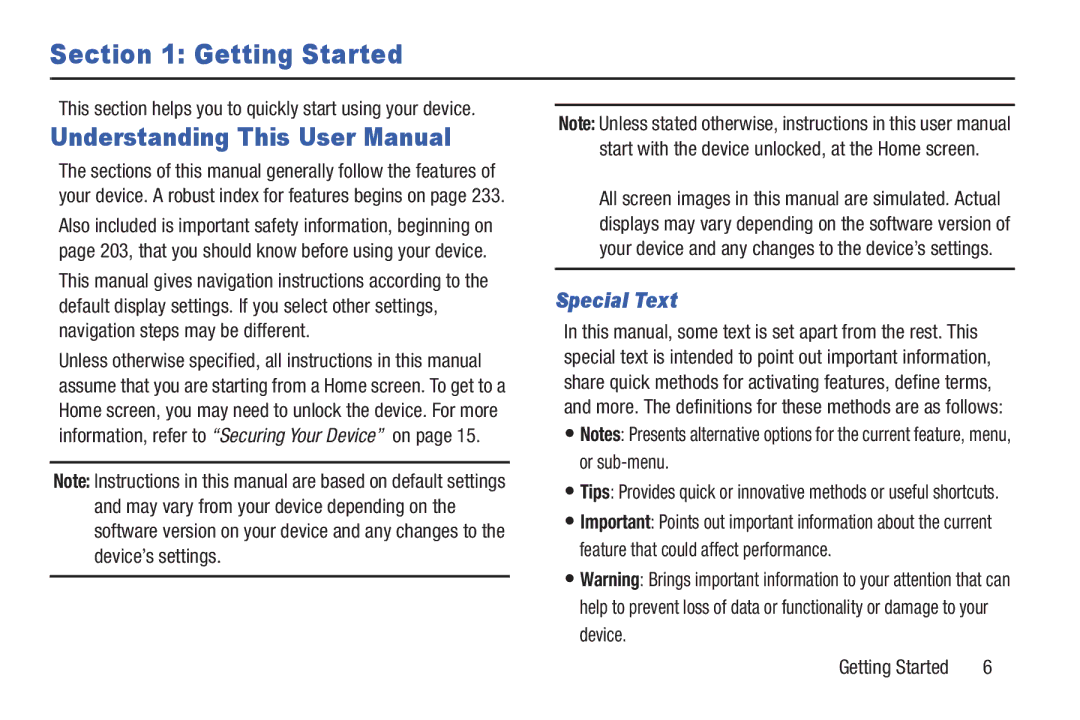 Samsung GT-P5113ZWYXAR user manual Getting Started, Special Text, This section helps you to quickly start using your device 