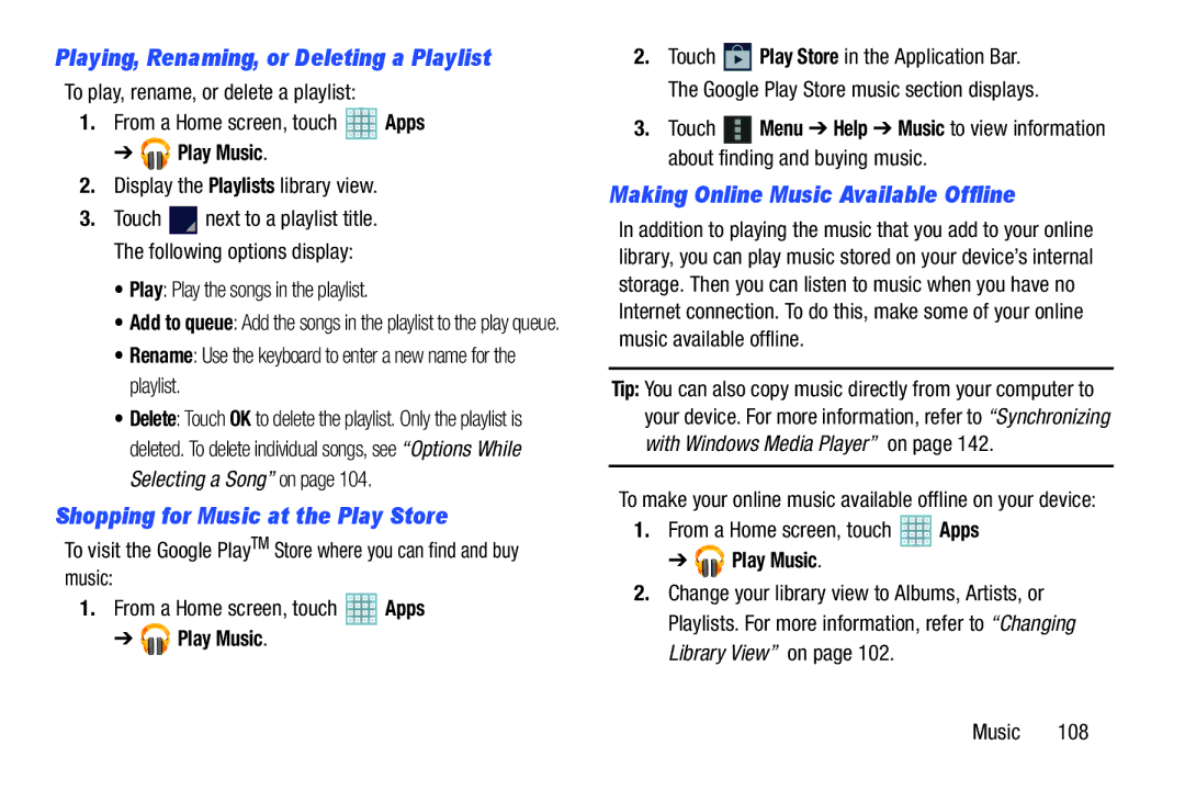 Samsung GT-P5113ZWYXAR user manual Playing, Renaming, or Deleting a Playlist, Shopping for Music at the Play Store 