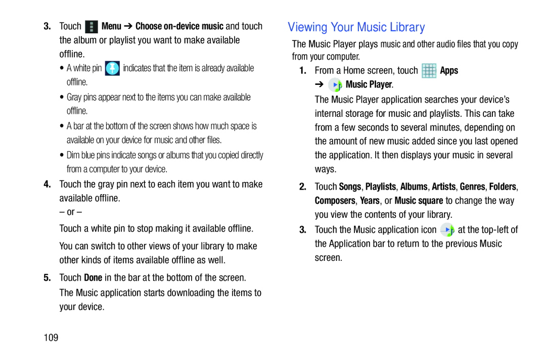 Samsung GT-P5113ZWYXAR user manual Viewing Your Music Library, Music Player, Screen 109 