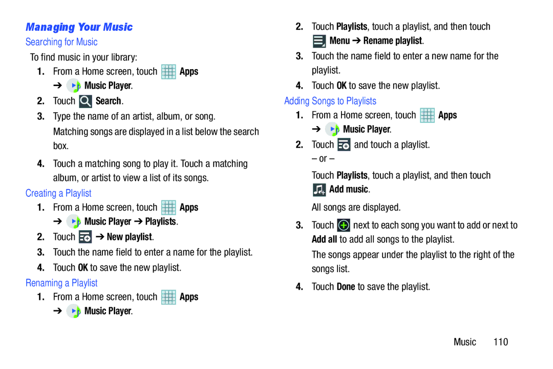 Samsung GT-P5113ZWYXAR user manual Managing Your Music, Searching for Music, Creating a Playlist, Renaming a Playlist 