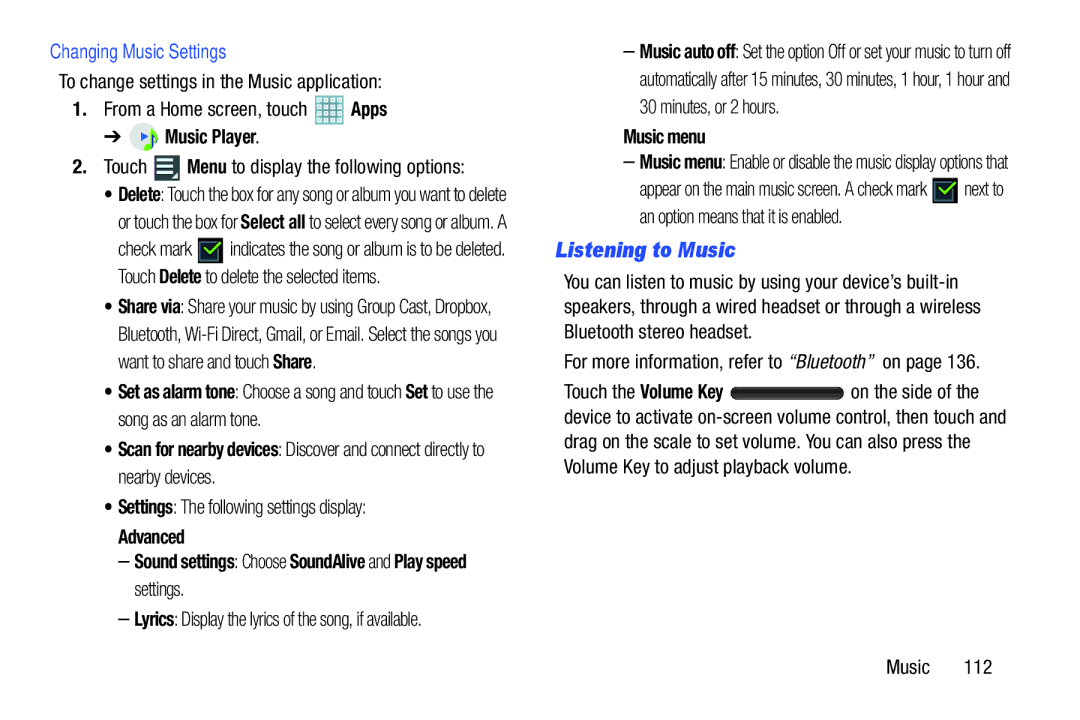 Samsung GT-P5113ZWYXAR user manual Changing Music Settings, Settings The following settings display, Advanced, Music menu 