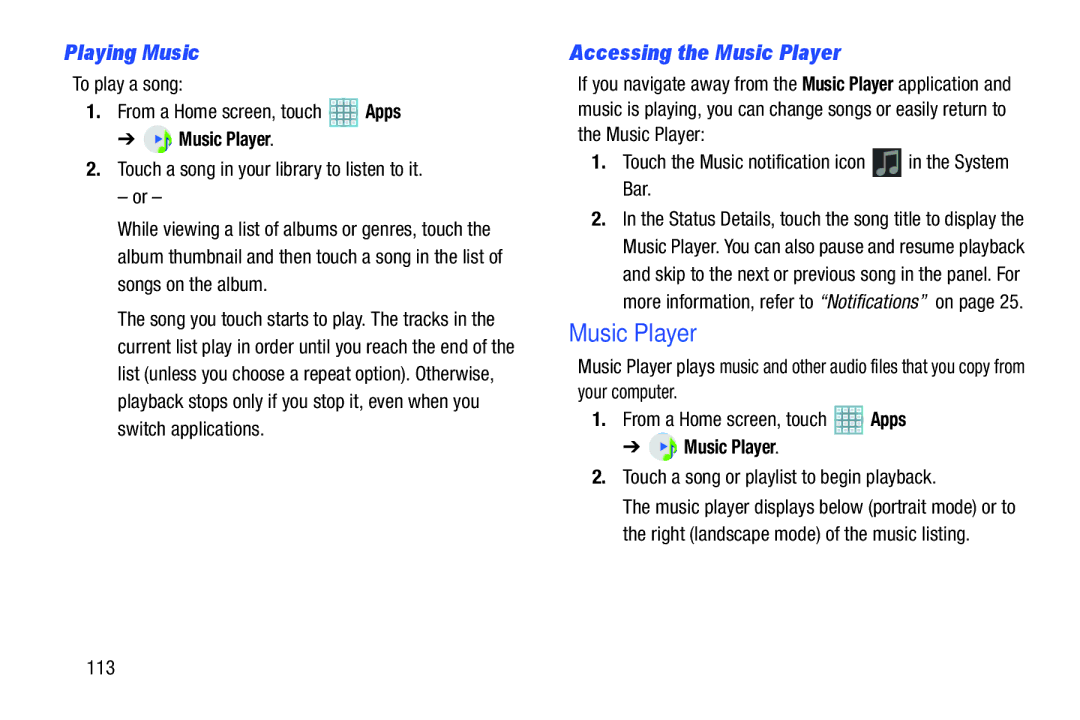 Samsung GT-P5113ZWYXAR user manual Accessing the Music Player, Touch the Music notification icon in the System Bar 