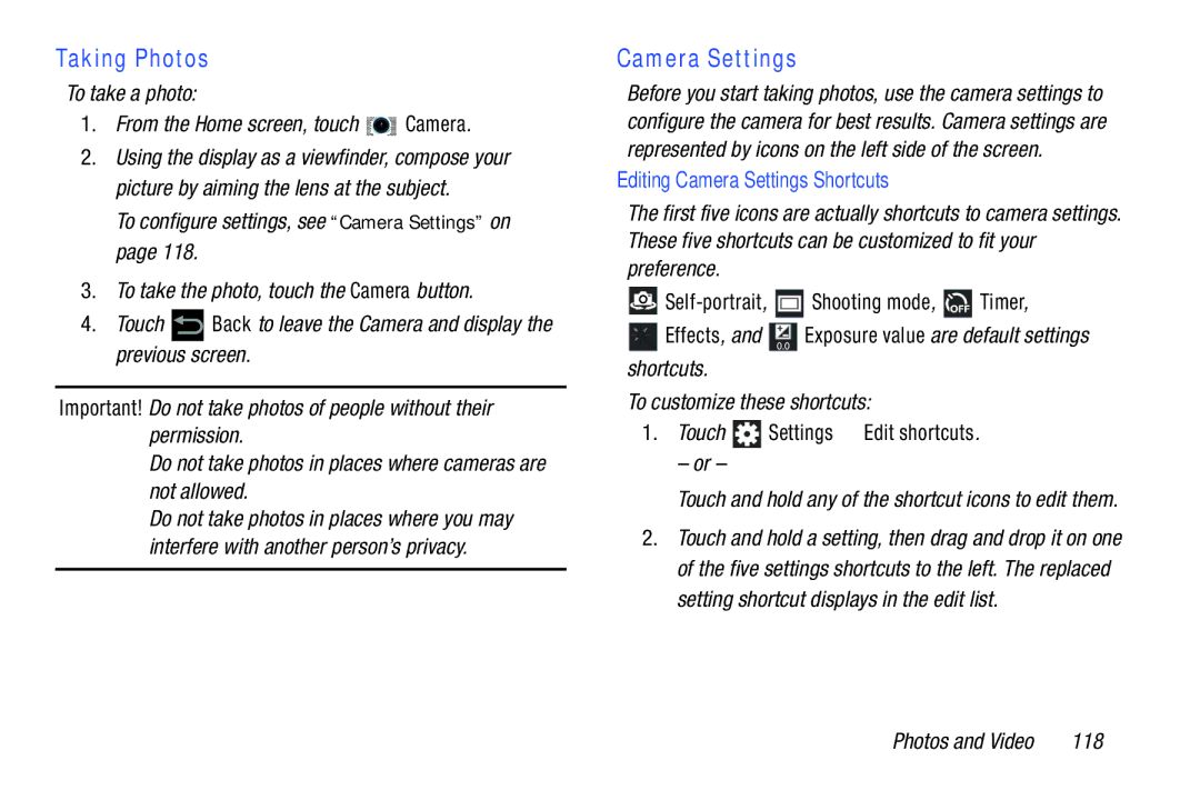 Samsung GT-P5113ZWYXAR user manual Taking Photos, Editing Camera Settings Shortcuts, Touch Settings Edit shortcuts 