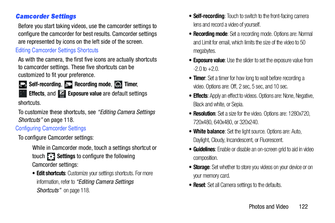 Samsung GT-P5113ZWYXAR user manual Editing Camcorder Settings Shortcuts, Configuring Camcorder Settings, 122 