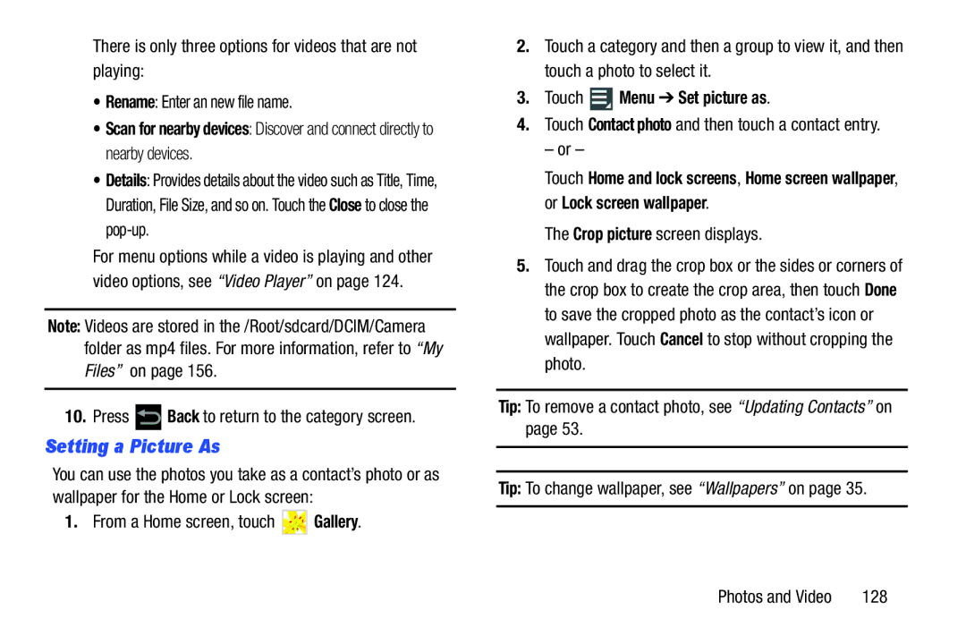 Samsung GT-P5113ZWYXAR Setting a Picture As, Press Back to return to the category screen, Touch Menu Set picture as, 128 