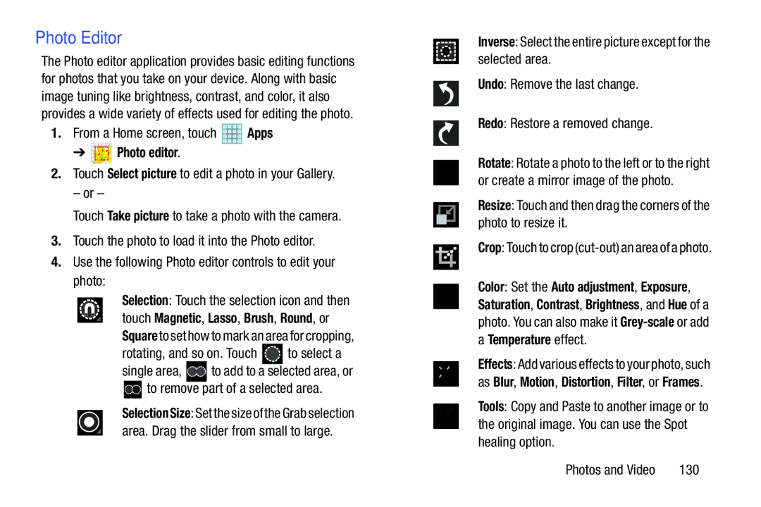 Samsung GT-P5113ZWYXAR user manual Photo Editor, Photo editor, Rotating, and so on. Touch to select a, 130 