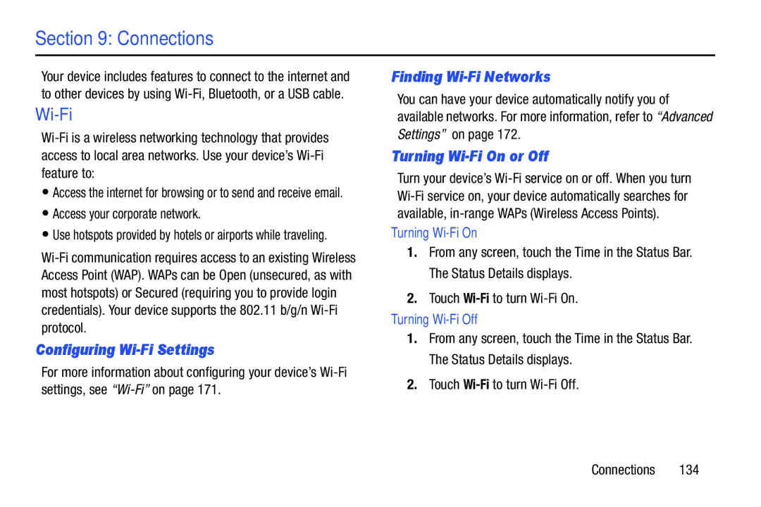 Samsung GT-P5113ZWYXAR Connections, Configuring Wi-Fi Settings, Finding Wi-Fi Networks, Turning Wi-Fi On or Off 