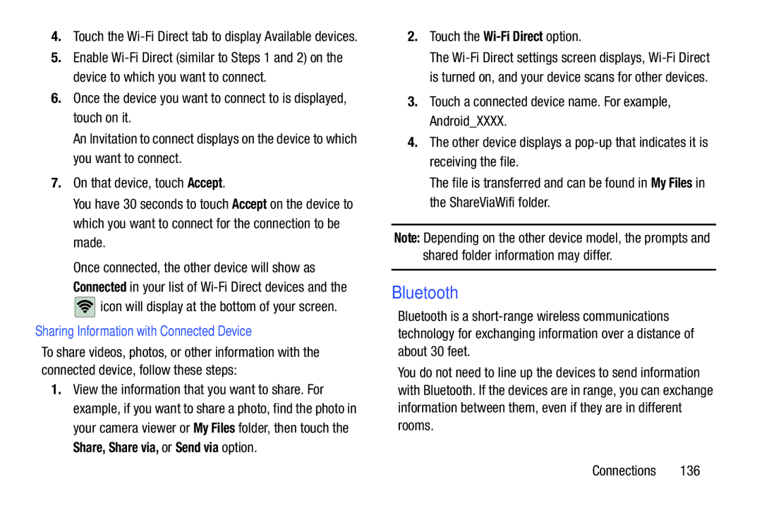 Samsung GT-P5113ZWYXAR user manual Bluetooth, Icon will display at the bottom of your screen, Touch the Wi-Fi Direct option 