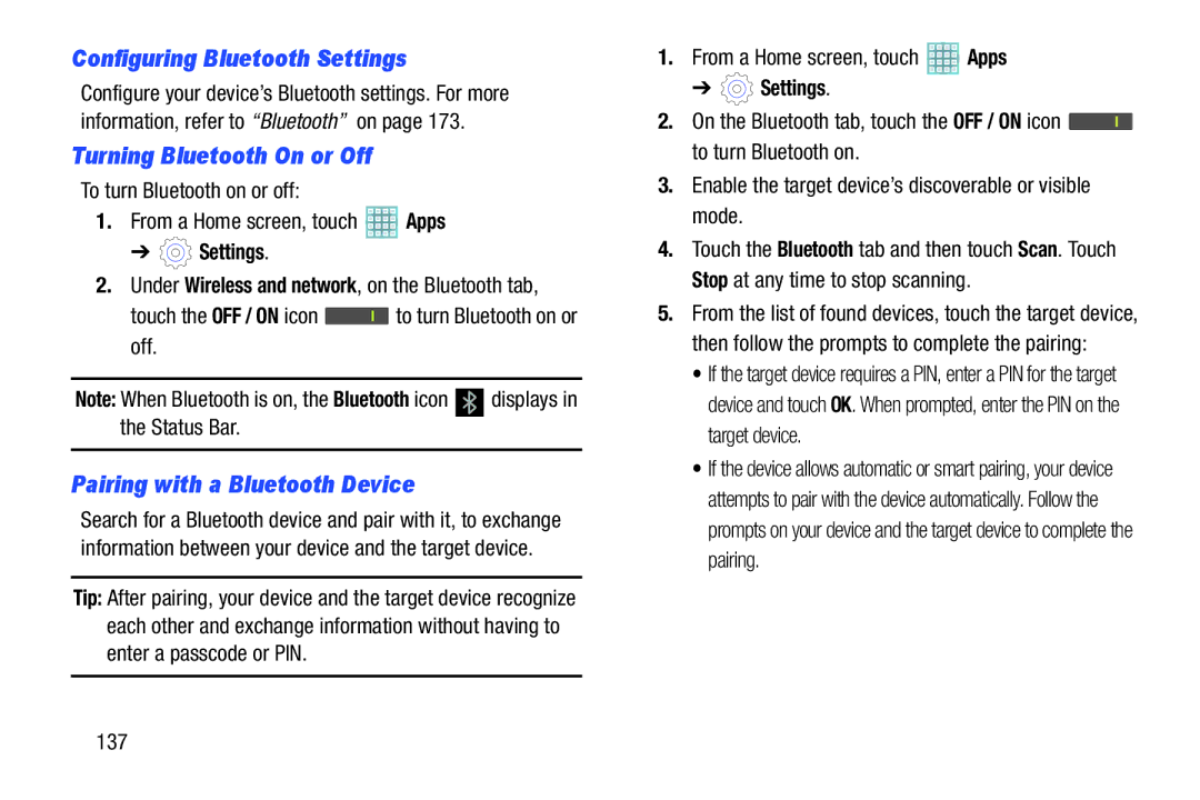 Samsung GT-P5113ZWYXAR Configuring Bluetooth Settings, Turning Bluetooth On or Off, Pairing with a Bluetooth Device 