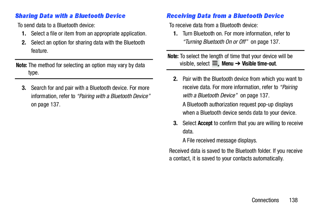 Samsung GT-P5113ZWYXAR user manual Sharing Data with a Bluetooth Device, Receiving Data from a Bluetooth Device 